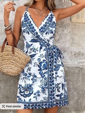 White & Blue Floral Wrap Mini Dress